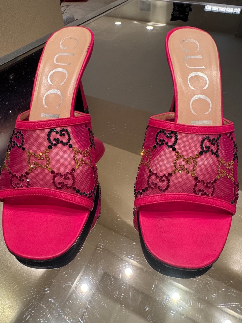 Gucci GG Monogram Demi Rhinestone Crystal Mesh Mules Heels - Picture 3 of 8